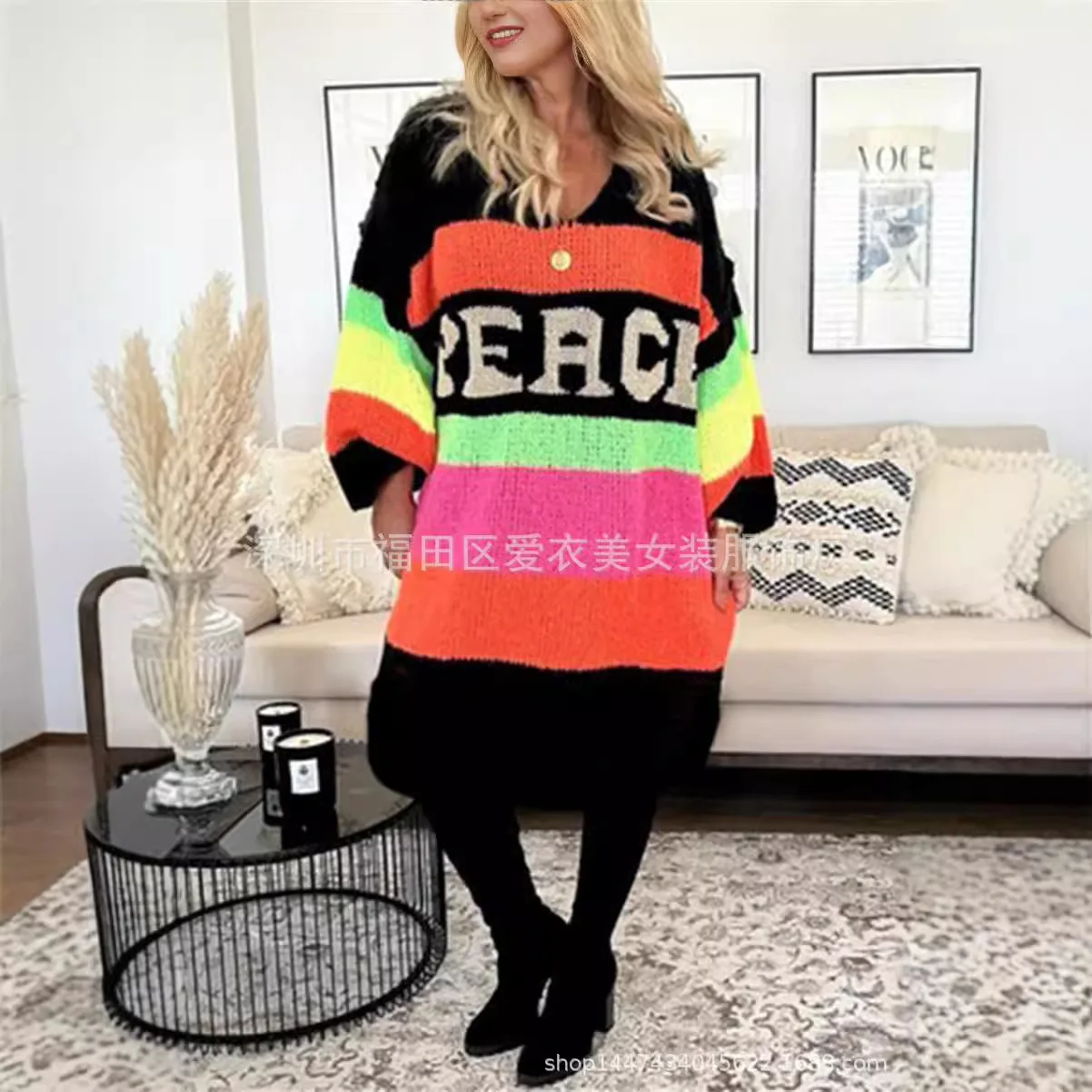 2025 New Fashion Printed Knitted Long Sweater Women's Autumn Casual Loose Letter V-neck Home Long Sleeve Top For Women
