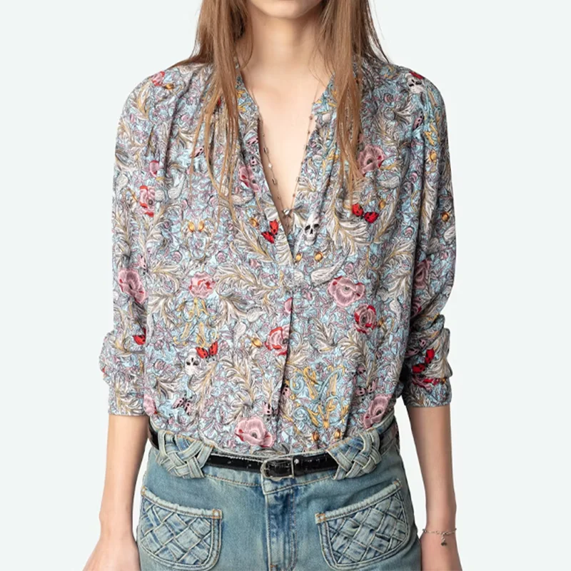 

Женская розовая синяя блузка, женская повседневная тонкая блузка с v-образным вырезом, свободные блузки с цветочным принтом черепа, женский свободный пуловер, рубашка с длинным рукавом
