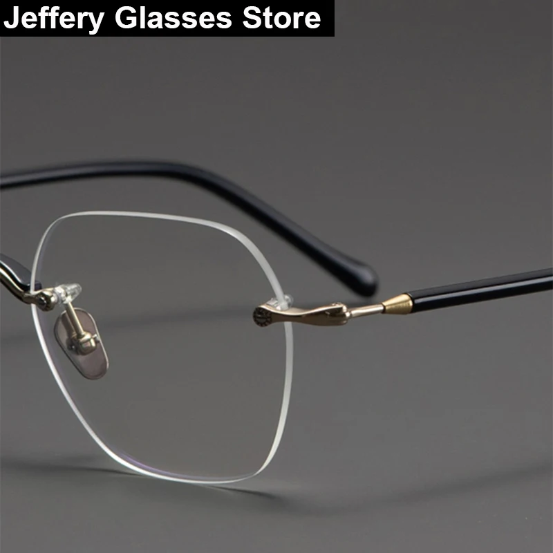 Japanese Handmade Rimless Titanium Glasses Frame Men Women Ultra-light Fashion Polygon Eyeglasses Vintage Brand Design Eyewear