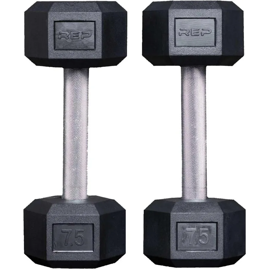 

Fitness Rubber Hex Dumbbell(s) - 7.5 LB Pair - Low Odor, Fully Knurled Handle