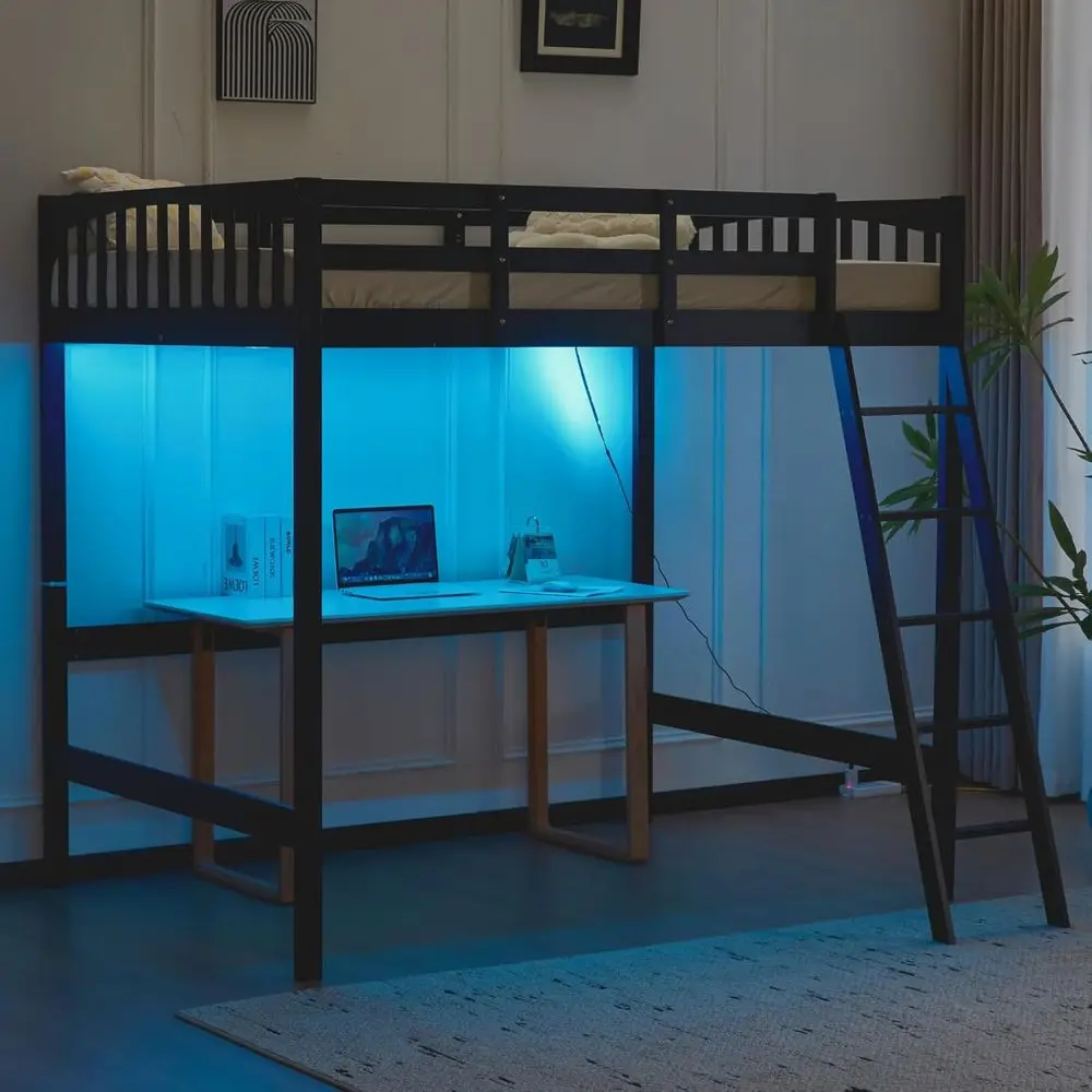 

Twin Size Bunk Bed with USB Charging, LED, High Guardrail, Wood Slat Support, Black