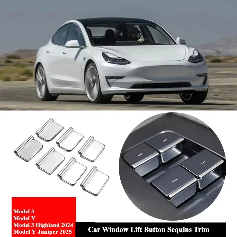 

7 шт./компл., кнопка подъема окна автомобиля, накладка с блестками для Tesla Model Y/Y Juniper 2025 Model 3/3 Highland, аксессуары, крышка переключателя окна
