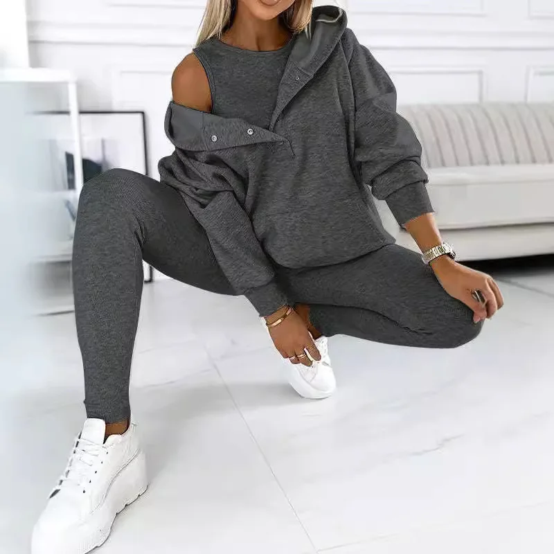 

2026 Women's Sporty Casual Hooded Sweatshirt Ribbed Slim-Fit Vest Pants Three-Piece Set