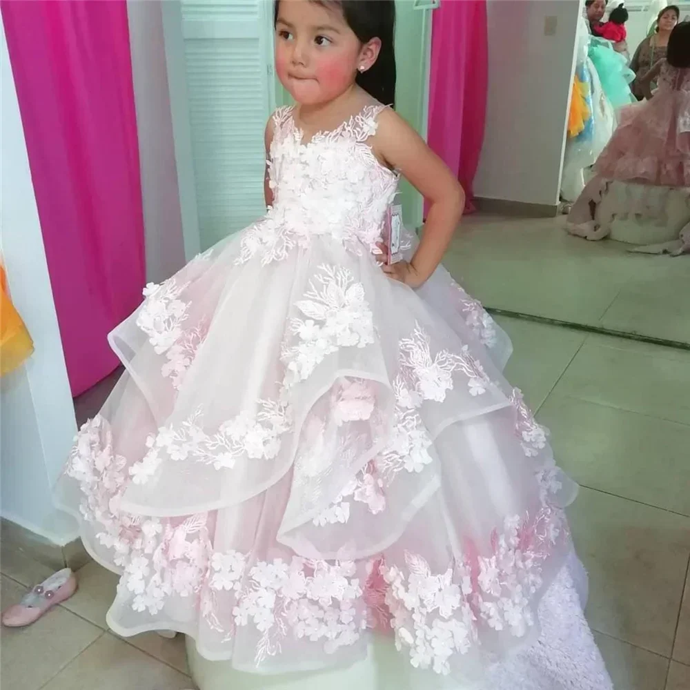 

Cute Pink Flower Girl Dress Layered Skirt Lace Applique Baby Girl Birthday Party First Communion Holiday Wedding Dress