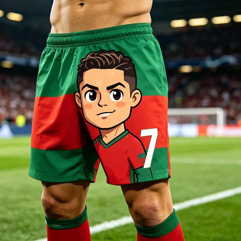 Summer Cute # 7 Ronaldo Q Edition Image Red Green Football Shorts for Adults and Children Leisure Sports Daily Exercise Shorts