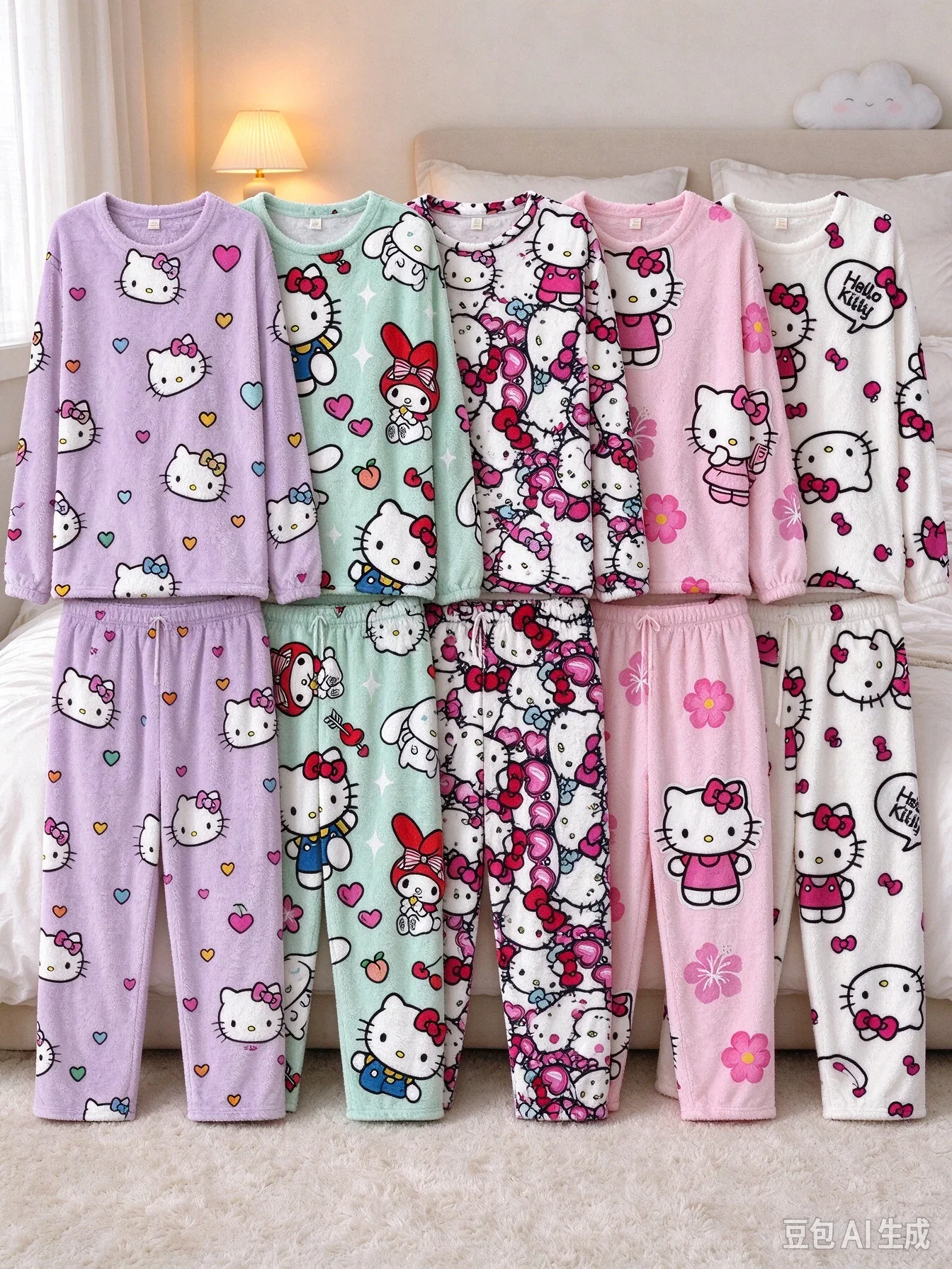 Hello Kitty Heart Flower All Over Print Coral Fleece Pajama Set Soft Loose Winter Unisex 2Pcs Loungewear FamilyMatching
