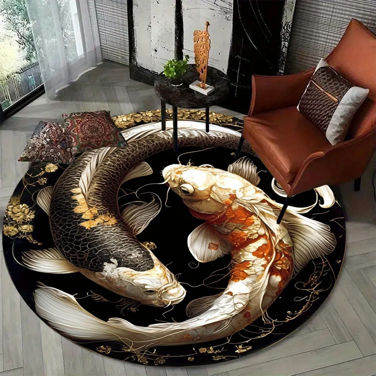 

Black Base Golden Line Yin Yang Double Koi Fish Round Rug, Chinese Lucky Animal Floor Mat for Bedroom Living Room Sofa Side