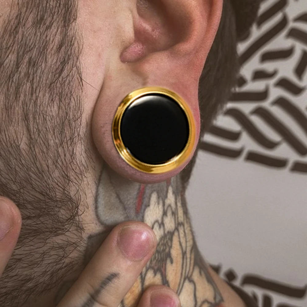 Black Mirror Surface Round Pulley Ear Plugs Surgical Steel Thread Gold Line Ear Tunnel Expansion Ear Gauge Strengther Earring