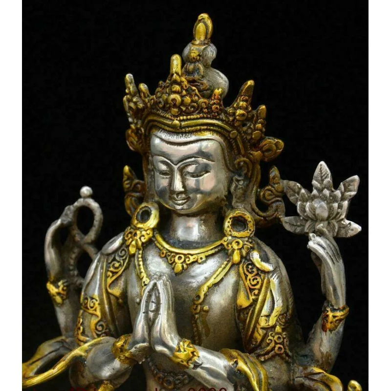 Imagem -05 - Avalokiteshvara Deus Estátua Old Tibet Prata Dourada Braços Chenrezig Deusa Buda