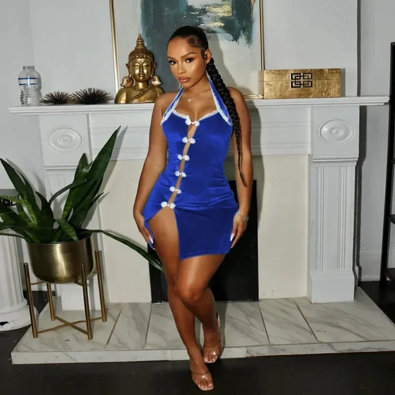 

GUWU Off Shoulder Backless Birthday Dress Woman Sexy Sleeveless Button Hollow Out Night Club Party Bodycon Mini Dress Vestidos