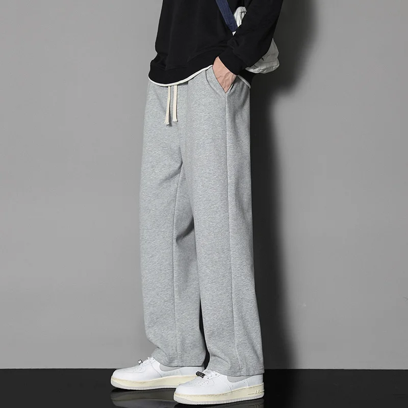 White Sweatpants Men Straight Fit Joggers for Sports and Streetwear Loose Oversized Drawstring Long Pants Men Solid Color Pants
