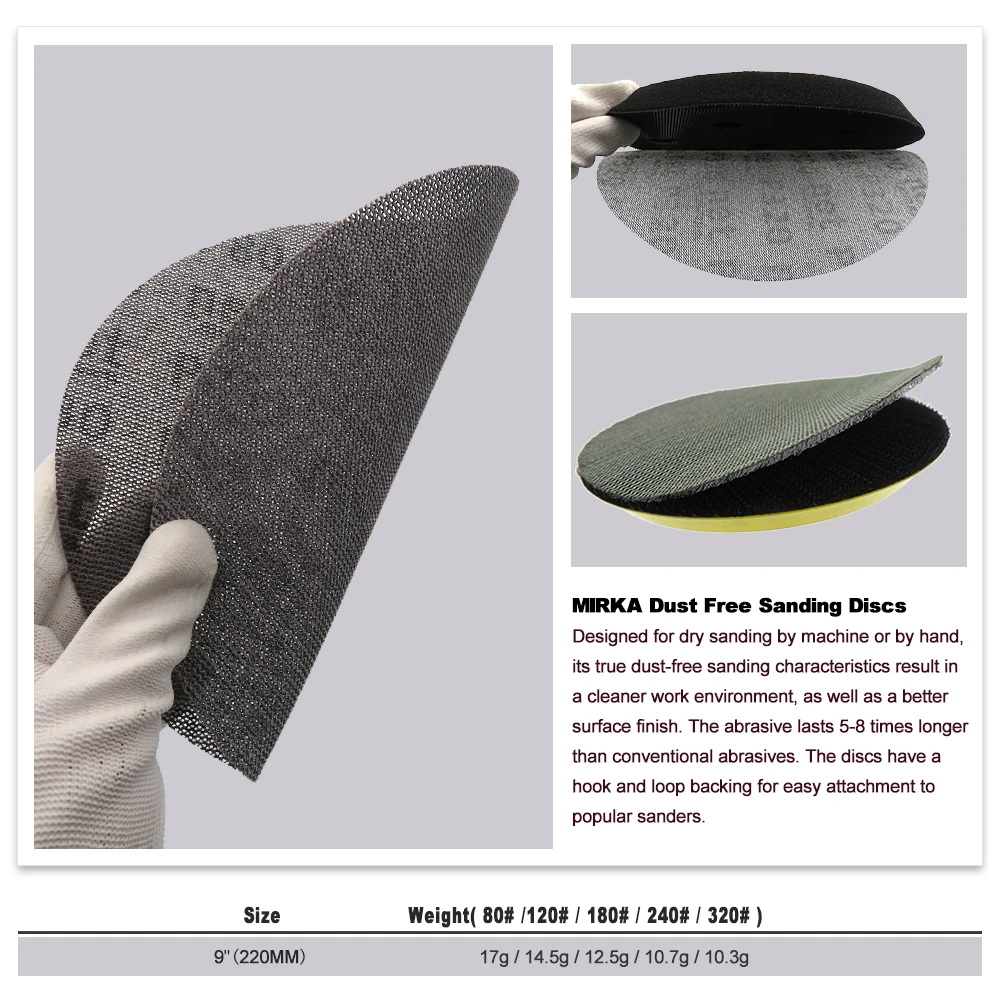 Disco abrasivo abrasivo a rete da 9 pollici 220 mm 10 pezzi senza polvere 80-400 grana gancio e anello per la molatura di lucidatura di auto in legno e metallo
