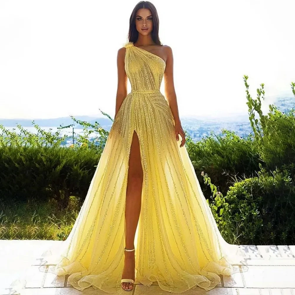 Modern Glitter Pleat  Crepe Evening Dresses Off The Shoulder A Line Sexy Side Slit Ball Gowns Formal Bridal Beach Party Vestidos