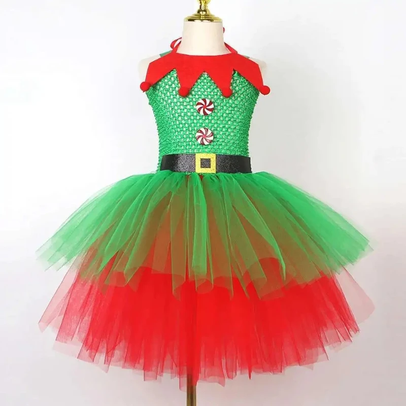 Red Green Christmas Elf Costumes for Girls New Year Outfit Festival Clothes with Hat Socks for Kids Xmas Elves Fairy Dresses