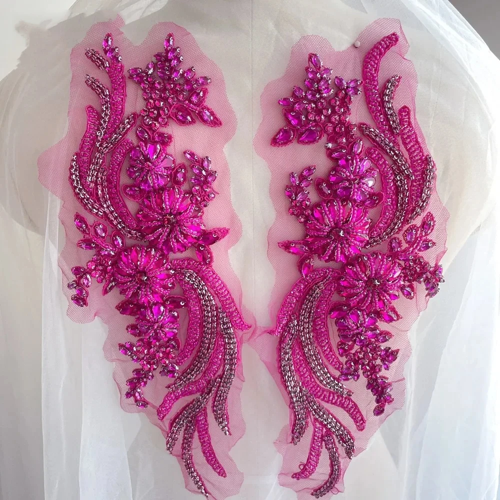 1Pair. Colorful Hand-sewn Glass Drill Mirror Flowers Sparkling Rhinestone Coats Waistbands Shoulders Wedding Dress DIY Patch