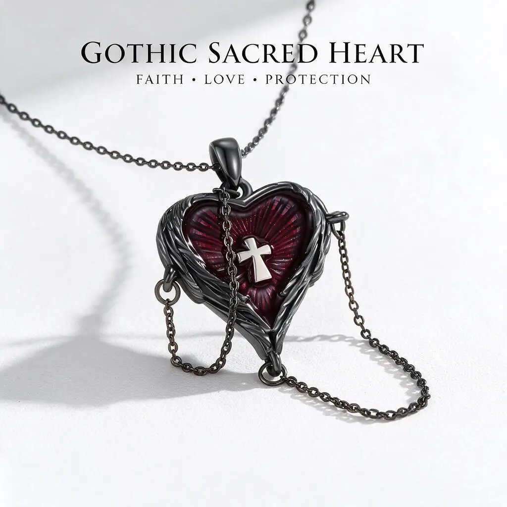 Gothic Dark Cross Wing Wine Red Heart Pendant Necklace Enamel Choker Chain Jewelry For Women Men Halloween Party Daily Wear Gift