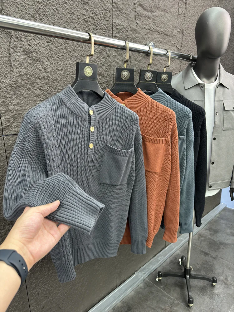 

Тяжелый американский вязаный свитер, мужской повседневный теплый свитер Thi Needle, осенне-зимний модный длинный свеч с воротником-стойкой...