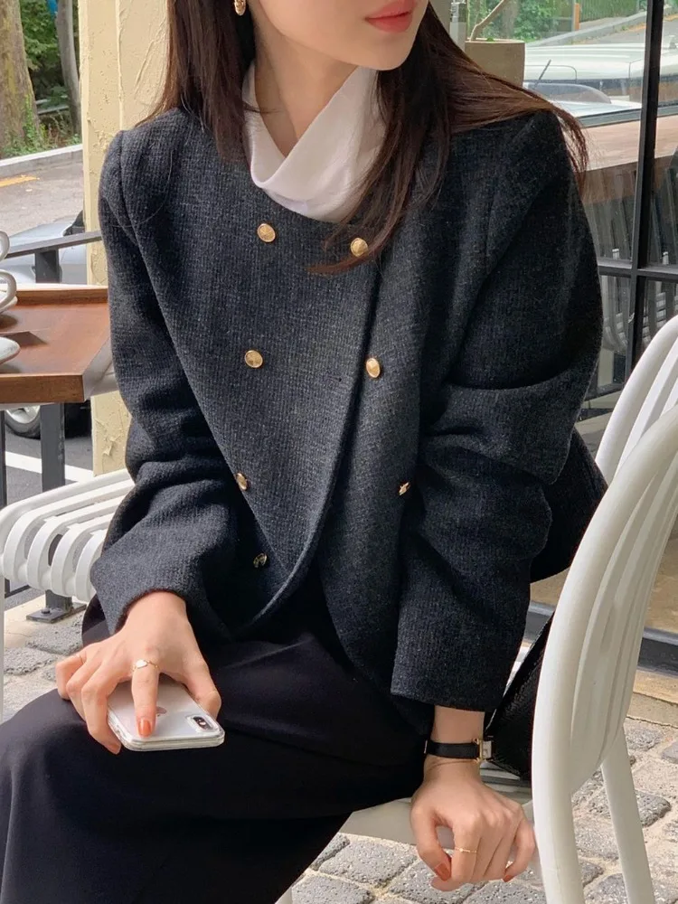 Dongda Gate Design Thiened ort Casual Coat round Ne Double Button Commute Women's Top Polyester Fiber Long Sve