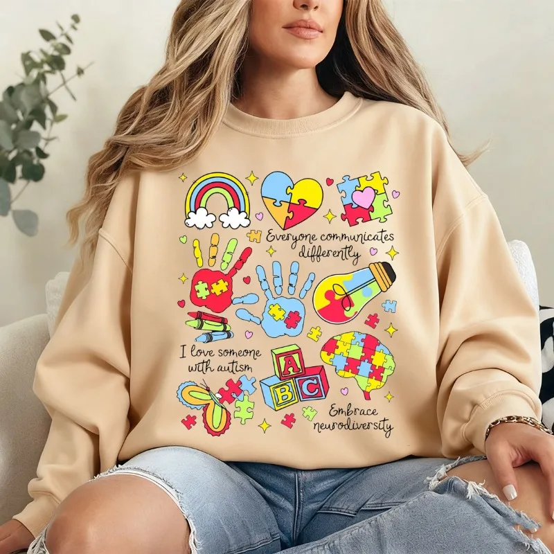 الجميع التواصل بشكل مختلف لشهر التوحد البلوز التوحد أمي خطاب علم الأم أعلى التوحد الوعي المرأة السترة