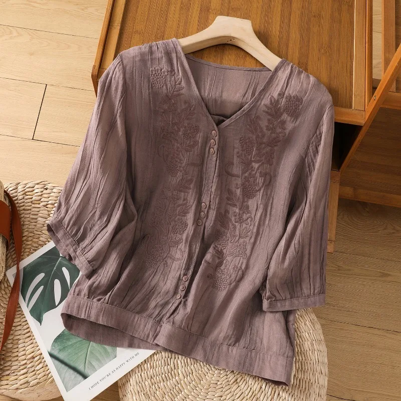 Cotton and Linen Embroidered Shirt Women's Summer New Chinese Style Retro Casual Loose Thin V-neck Cardigan Short Sleeve Top