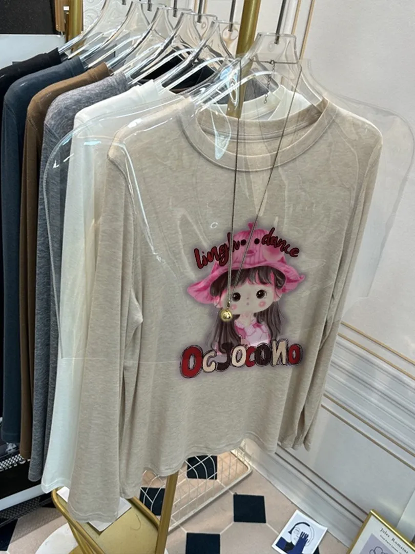 

Корейская футболка больших размеров с круглым вырезом и принтом, женская весенняя облегающая футболка, базовая футболка для девушек, повседневный топ