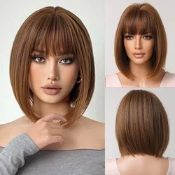 Brown Bob Wig with Bangs Synthetic Short Straight Cosplay Wigs for Black Women Natural Party Daily Use Fake Hair Heat Resistant