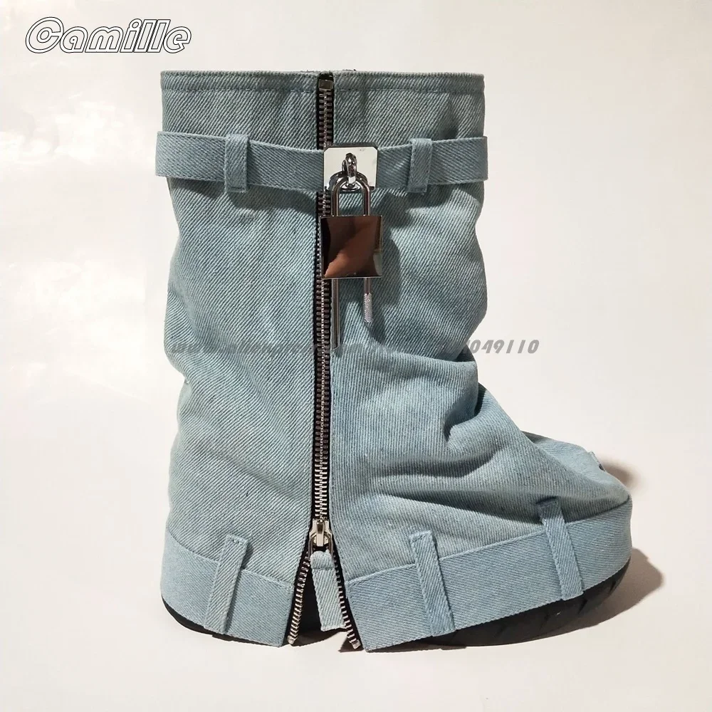 Solid Metal Lock Shark Buckle Side Zipper Trouser Boots Size 35-44 Thick Sole Mid Calf Boots Round Toe Platform Casual Boots