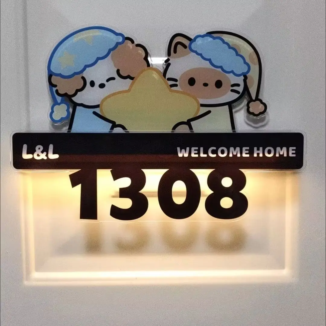 Personalized House Number Sign Custom Name Address Plaque Pet Cartoon LED Night Light Door Wall Decor