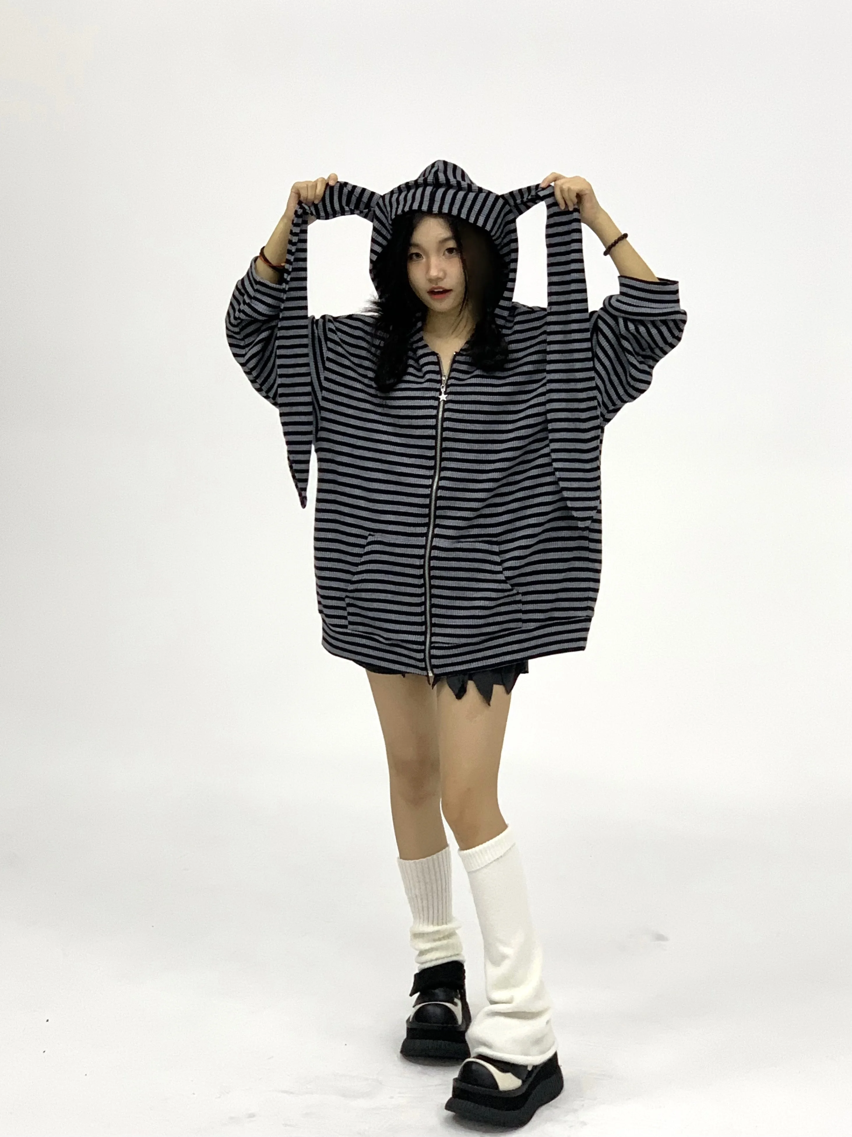 Y2k Subculture Japanese Autumn and Winter Hooded Striped Rabbit Ear Jacket Loose Cartoon Cute Sweet Cool Babe Cardigan Sweater
