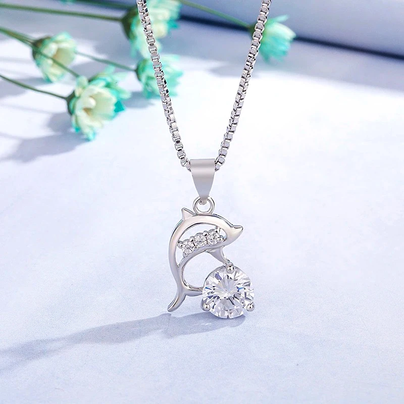 925 Sterling Silver Dolphin Pendant Necklace Women Fine Jewelry Round Zircon Charm Choker Multiple Length Options Birthday Gift