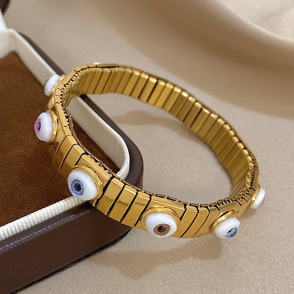 

Freetry New Waterproof Stainless Steel Elastic Chain Bracelet for Women Classic Fashion Eye Charm Bangle Jewelry Accessories