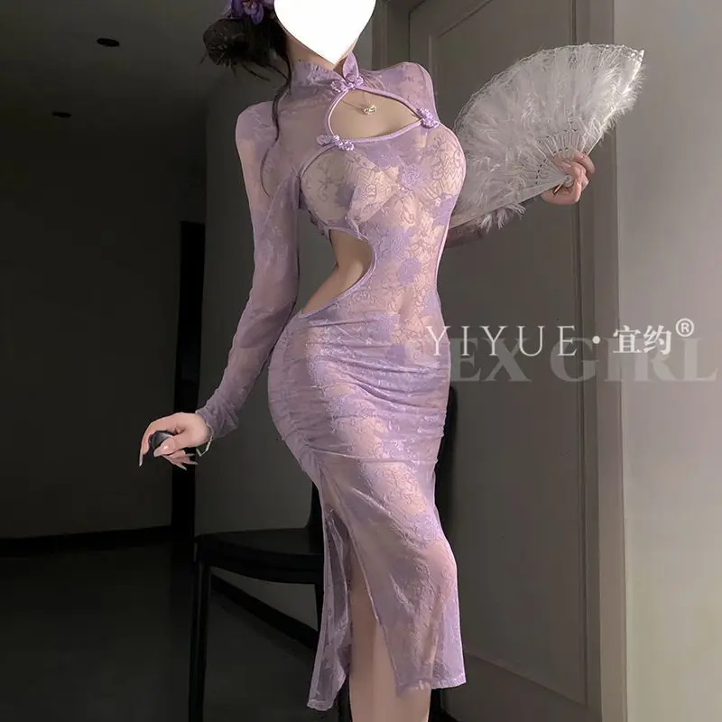 فستان نوم شيونغسام مثير، تشيباو من الدانتيل الشفاف، نمط صيني مغر يمكن ارتداؤه