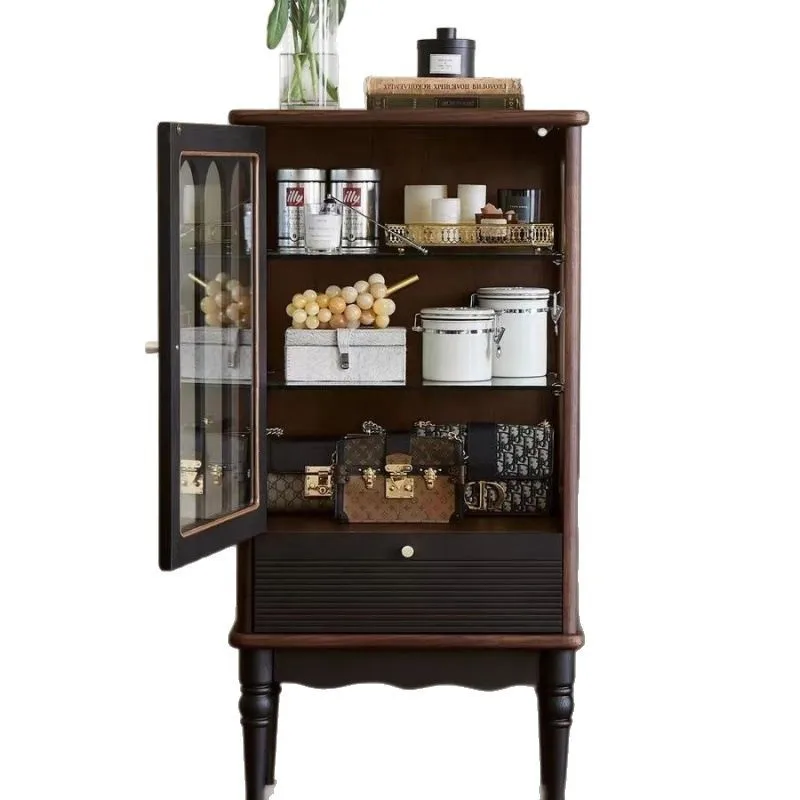 

French retro glass door solid wood wine cabinet, living room home American display cabinet, locker next to TV cabinet