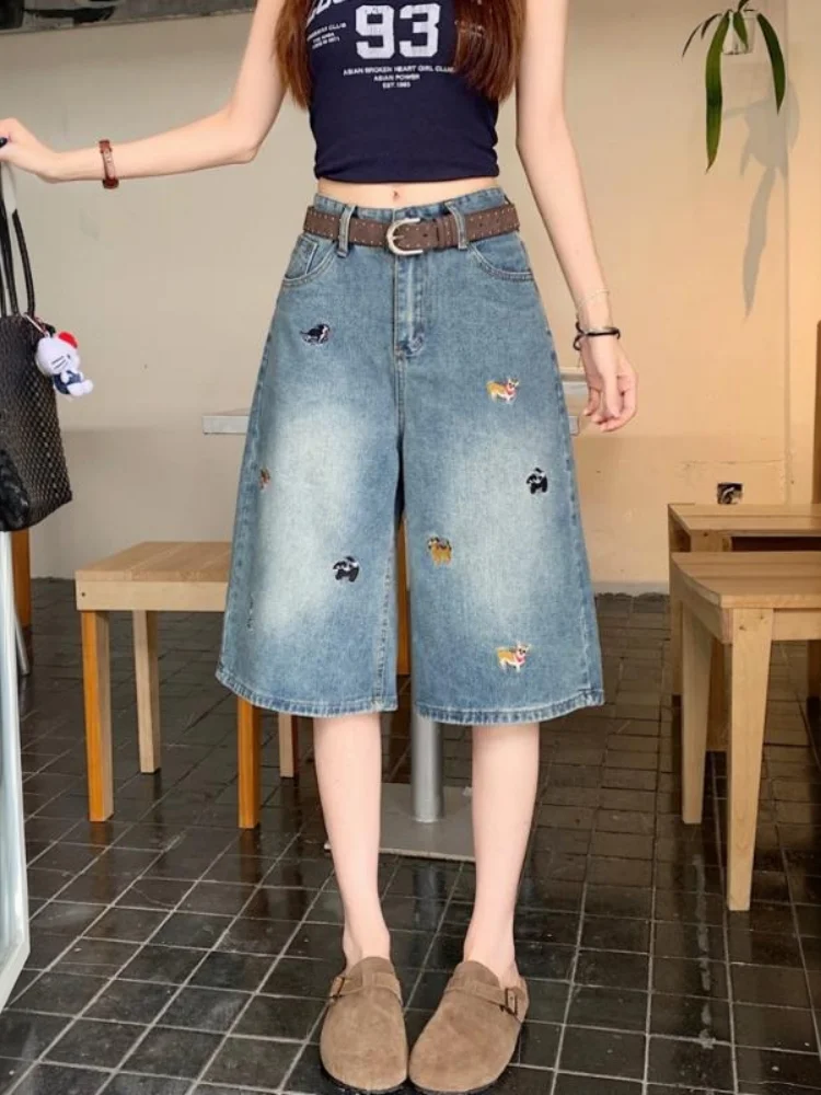 

American Style Embroidered Dog Seven-Foot Jeans Women Summer Thin Wide Leg Loose Slimming Casual High Waist Denim Pants