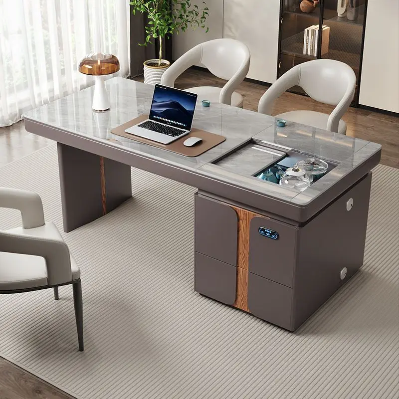 

tea table and desk are integrated, modern simple and high-end intelligent voice lifting tea table office rock slab tea table