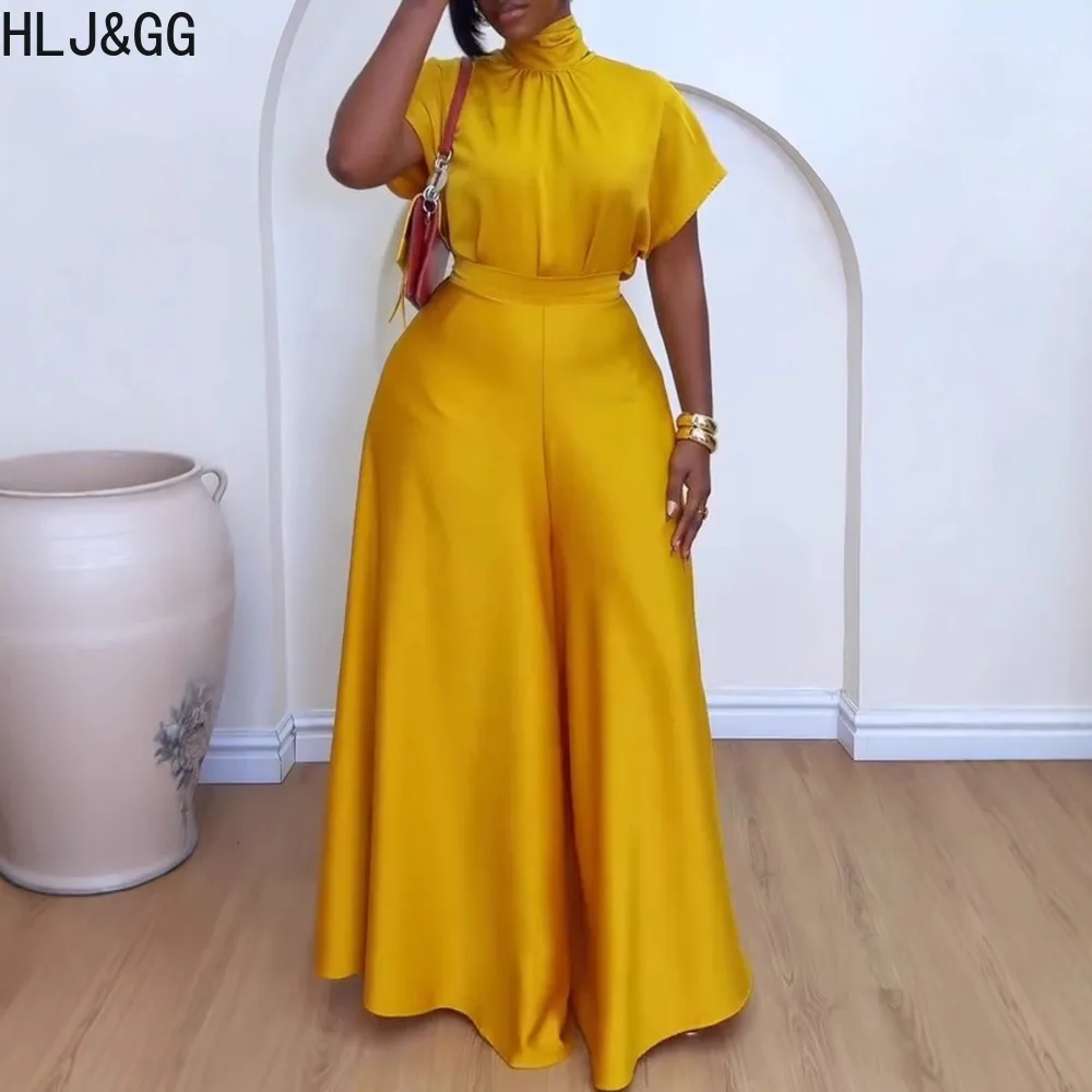 HLJ&GG Yellow Satin Elegant Lady Wide Leg Pants Two Piece Sets Women Bandage Short Sleeve Top And Pants Outfits Autumn Clothing