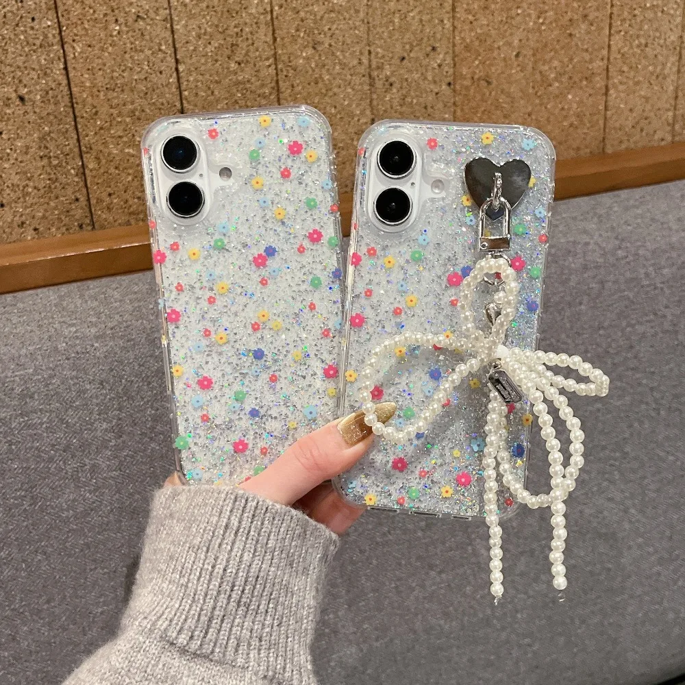 

Новый корейский чехол для телефона INS с блестками и цветочным принтом для iPhone 16 15 14 13 Pro Max, защитный чехол с бантом-подвеской