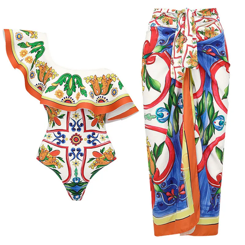 One-piece Women Swimwear Lotus Leaf Edge Print Swimsuit Bodysuit Bikini Set Beach Vacation  Style Wear Maxi Dress Skirt