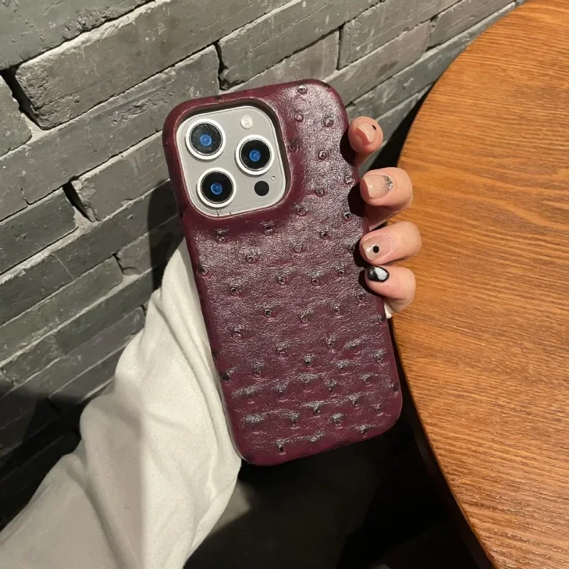New Leather Phone Case Suitable for iPhone 16promax Ostrich Pattern 15pro 14 Half Pack 13 12 11 Hard Anti Drop Protective Cover - Image 2