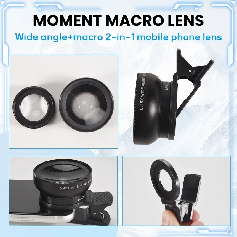 عدسة هاتف يومية 2 في 1 عالية الدقة 0.45X زاوية واسعة للغاية وعدسة ماكرو للهاتف المحمول 12.5X لهاتف آيفون 11 لهاتف شاومي وسامسونج وهواوي