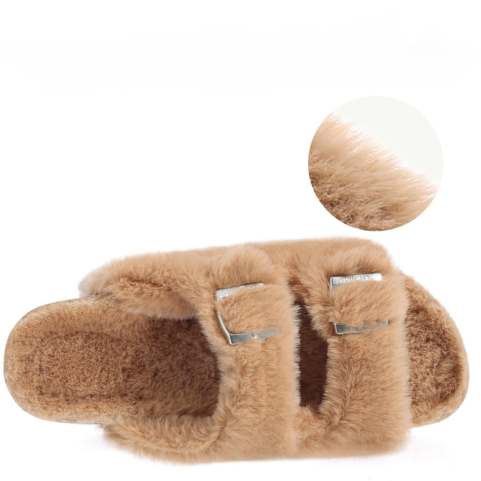 Furry Warm Cork Slippers Women Winter Fluffy Slides Sandals Soft Home Women Slippers With Arch Support Adjustable Buckle