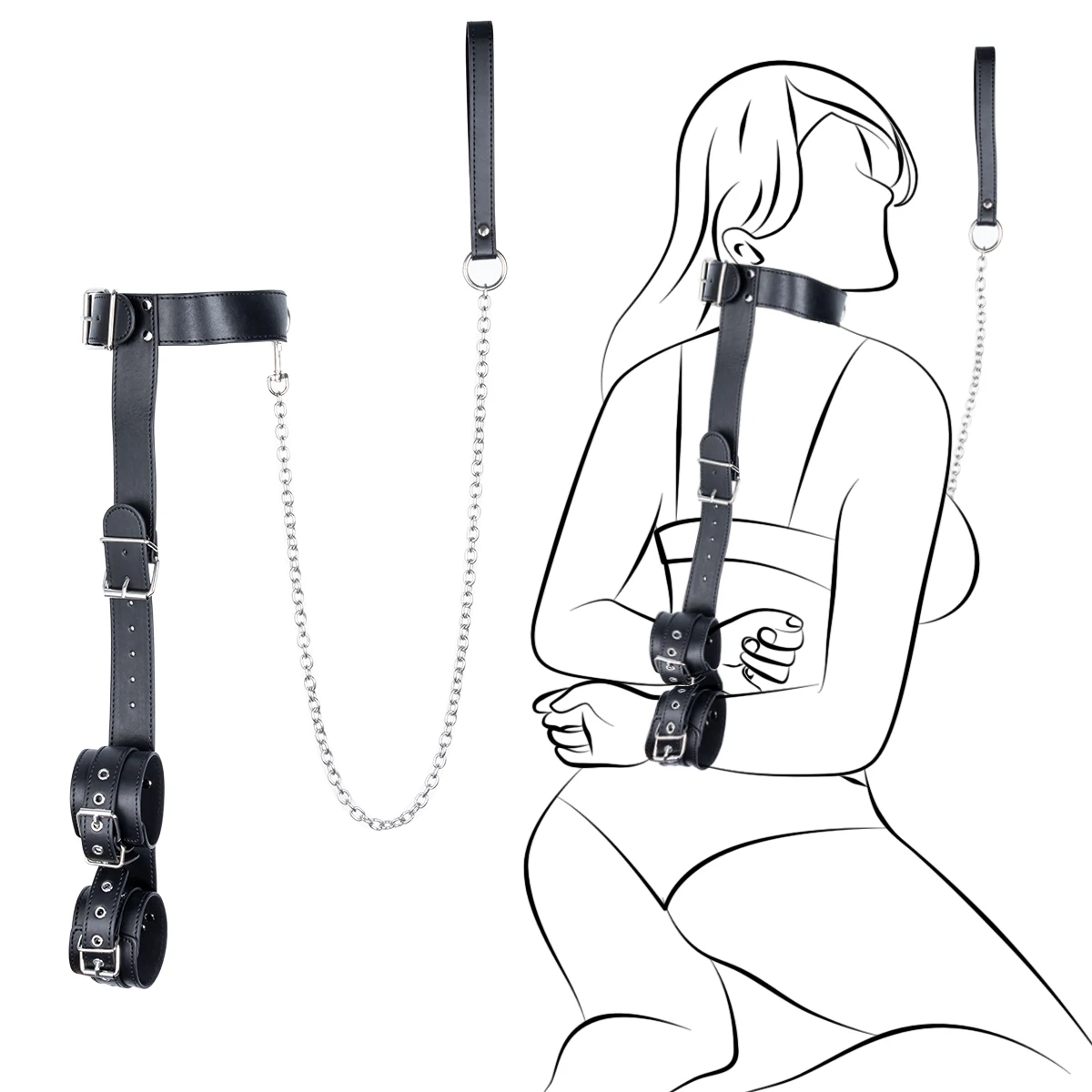 

Alternative Bondage Toy Leather Restraint Hands Back Handcuffs Collar with Pulling Rope Fun SM Sex Sets for Women and Couples