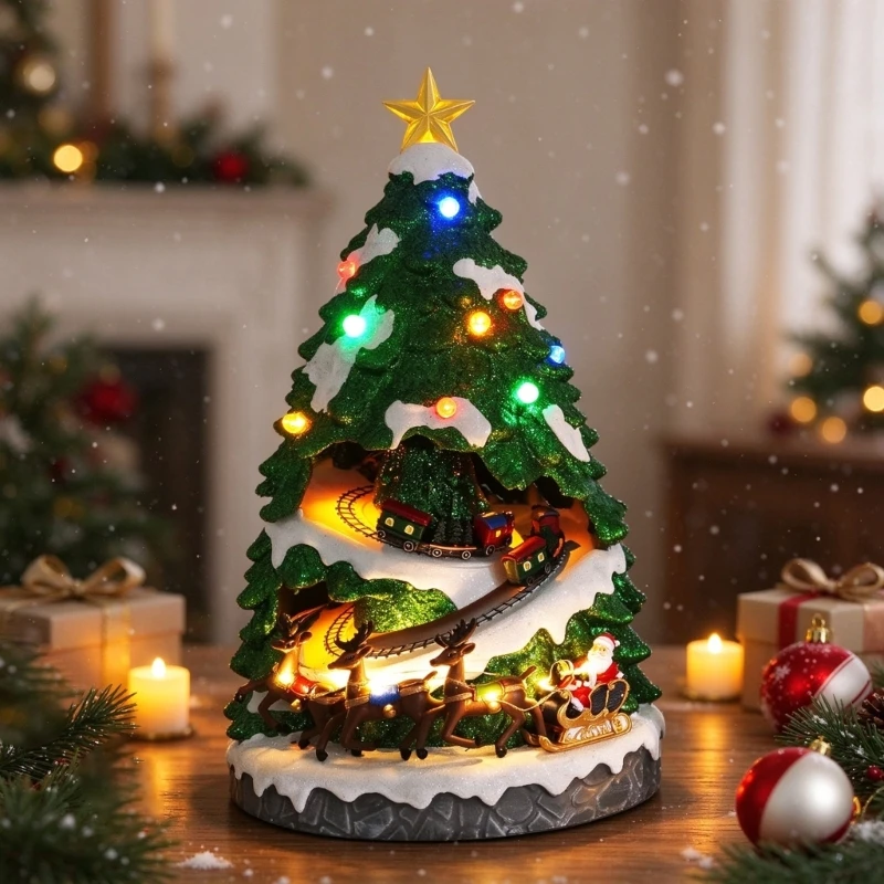 Christmas Tree Musical Box with 8 Holiday Songs Moving Train Track and Color-Changing LED Lights for Living Room Office Y5GB