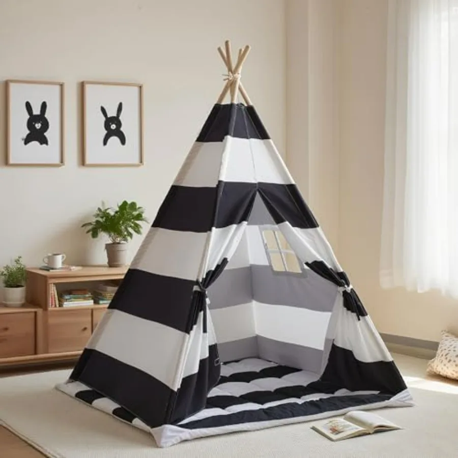 

Teepee Tent with Padded Mat and Lights Washable Playhouse for Indoor Use Stripe Black Includes Carry Bag Ideal for Girls and Bo