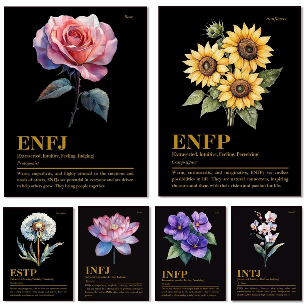 Spiritual plants lotus, orchid, redwood tree, peony, bamboo, aloe, rose flowers, psychology MBTI poster: ESTP office decoration