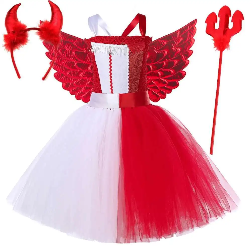 White Red Devil Angel Costumes for Girls Demon Angel Halloween Fancy Dress for Kids Carnival Party Outfit with Horns Wings Fork