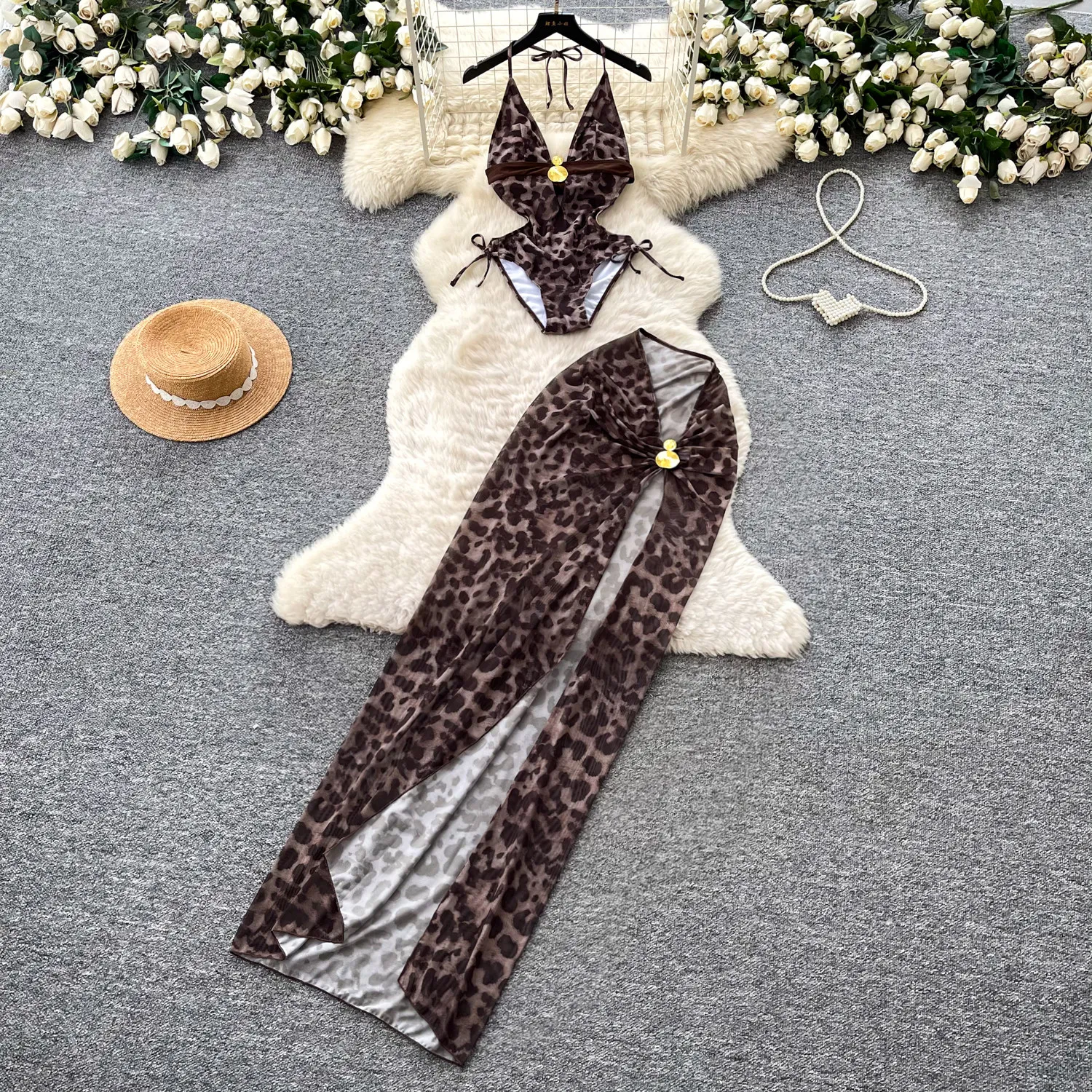 

Leopard Print Halter Neck Sling 2 Piece Set Women Summer Backless Top High Split Midi Skirt Party Club Vacation Lady Outfit