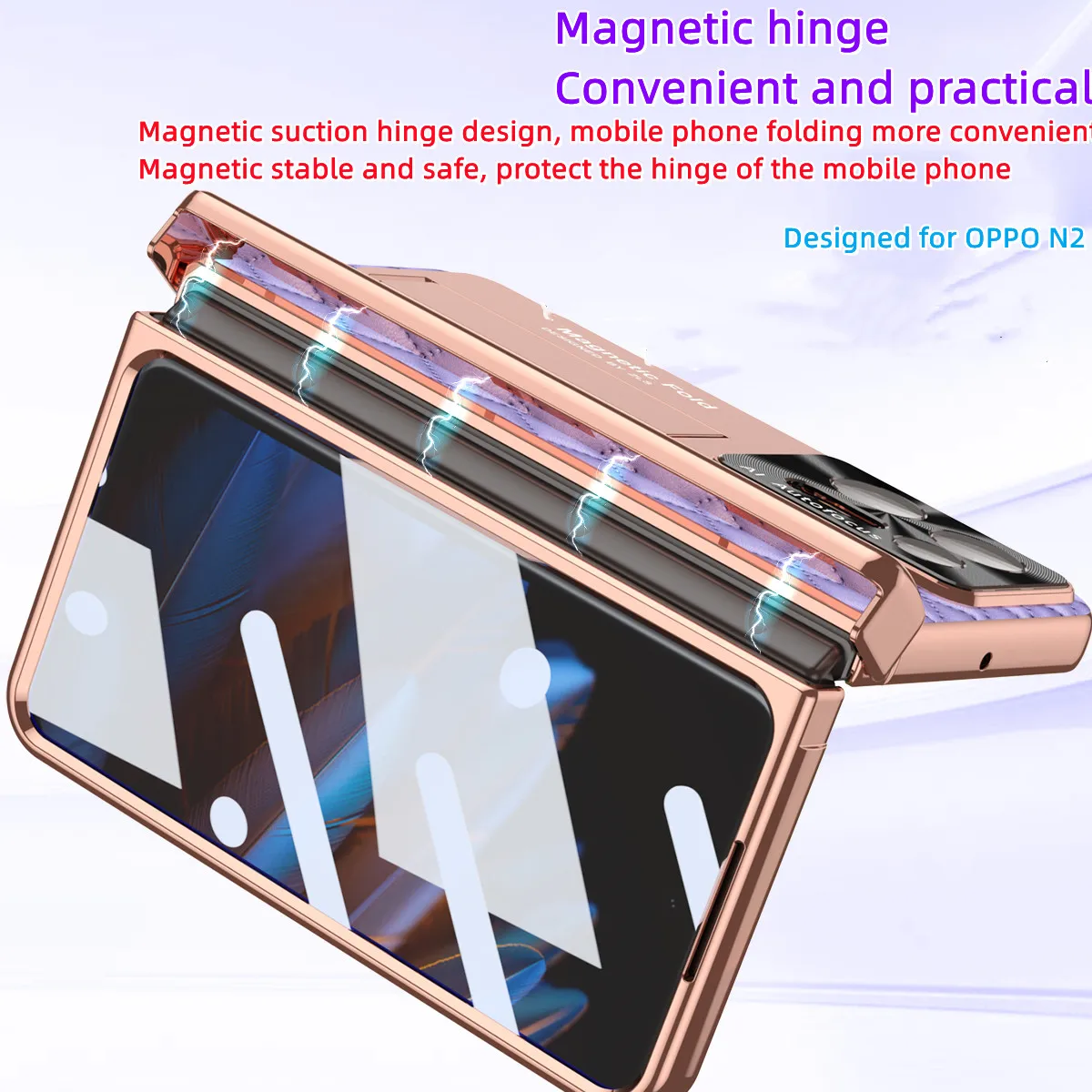 Luxury Plated Bezel Folding Case For OPPO Find N2 Ribbed Leather With Bracket,Magnetic Hinge Case, Anti-scratch Anti-fall