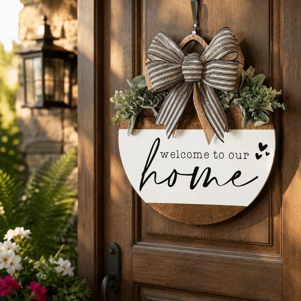 Creative 2D Flat Welcome Sign Flower Bow Knot Hanging Decoration Round Shape Wooden Door Wreath Wall Decor