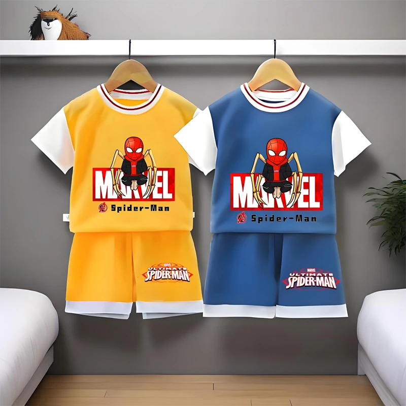 

Летние дышащие комплекты футболок для мальчиков Disney, детский топ с короткими рукавами и шортами в стиле аниме «Человек-паук», костюм из 2 предметов, детская повседневная одежда